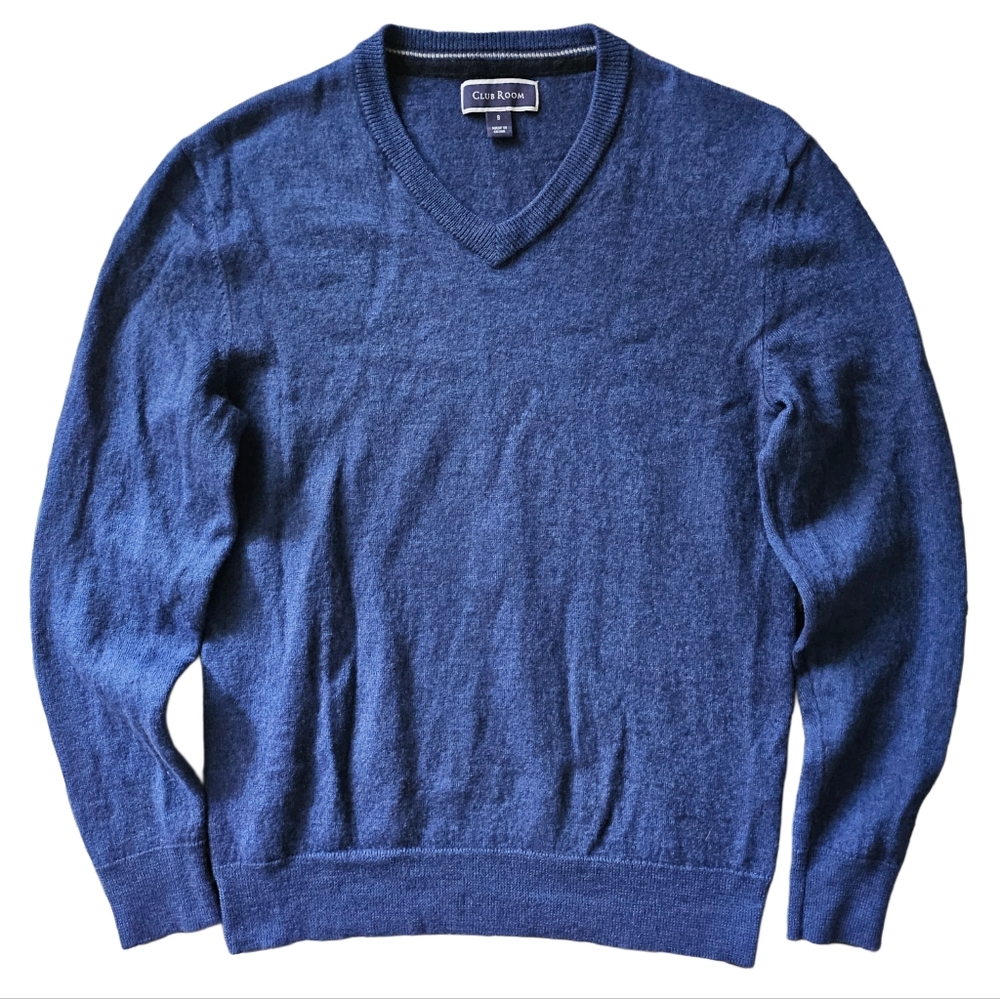 Club Room Pull Over Sweater Blue Merino Wool Blend Crew V Neck Long sleeve
